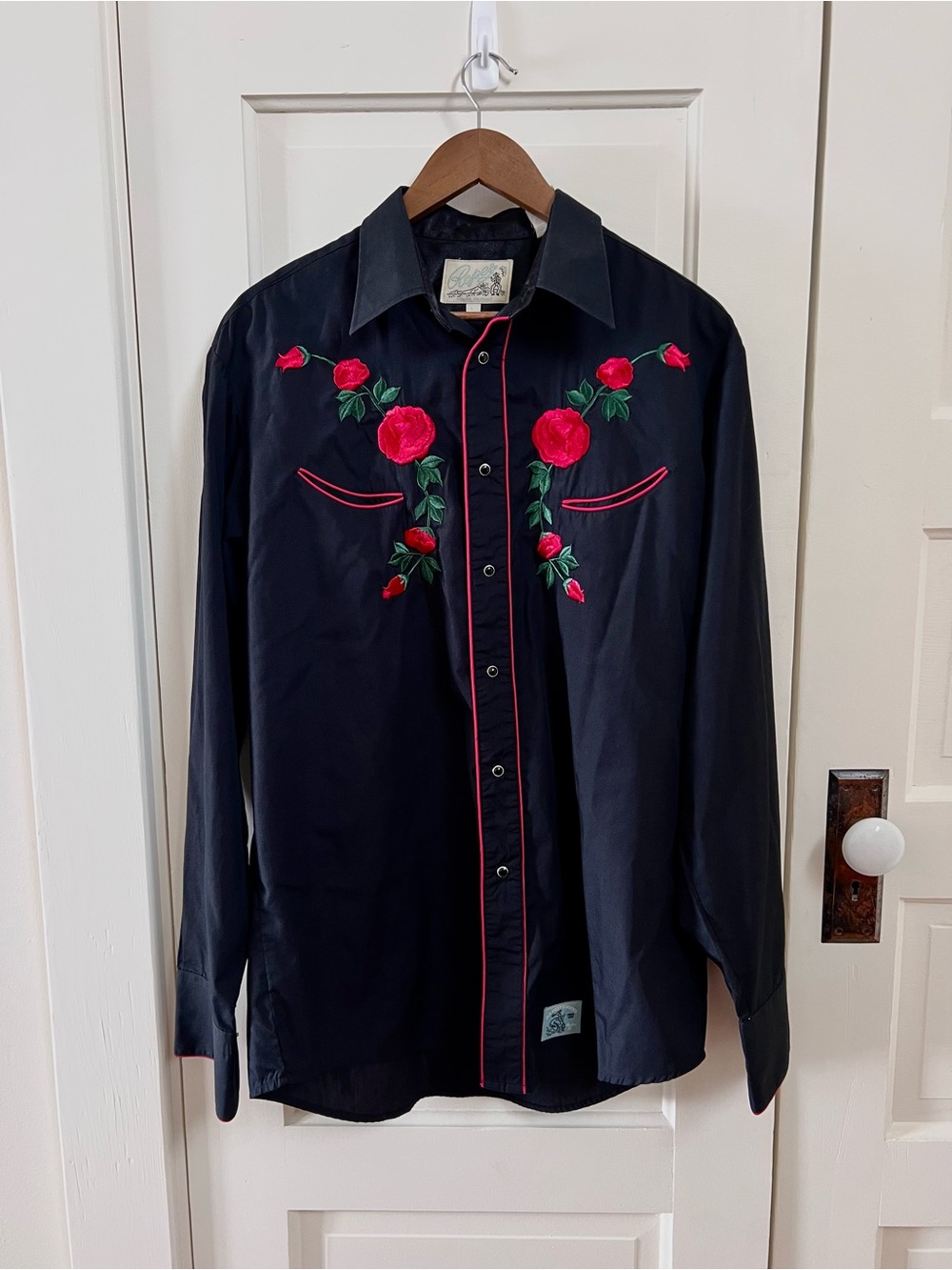 Vintage Roper Black Button-Down Shirt with Red Rose Embroidery
